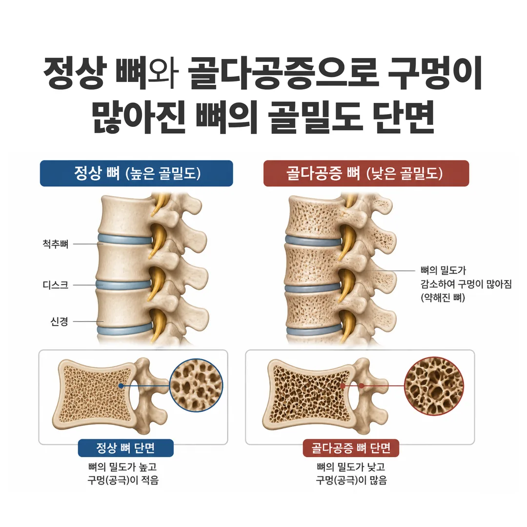 정상 뼈와 골다공증 뼈의 골밀도 차이 비교