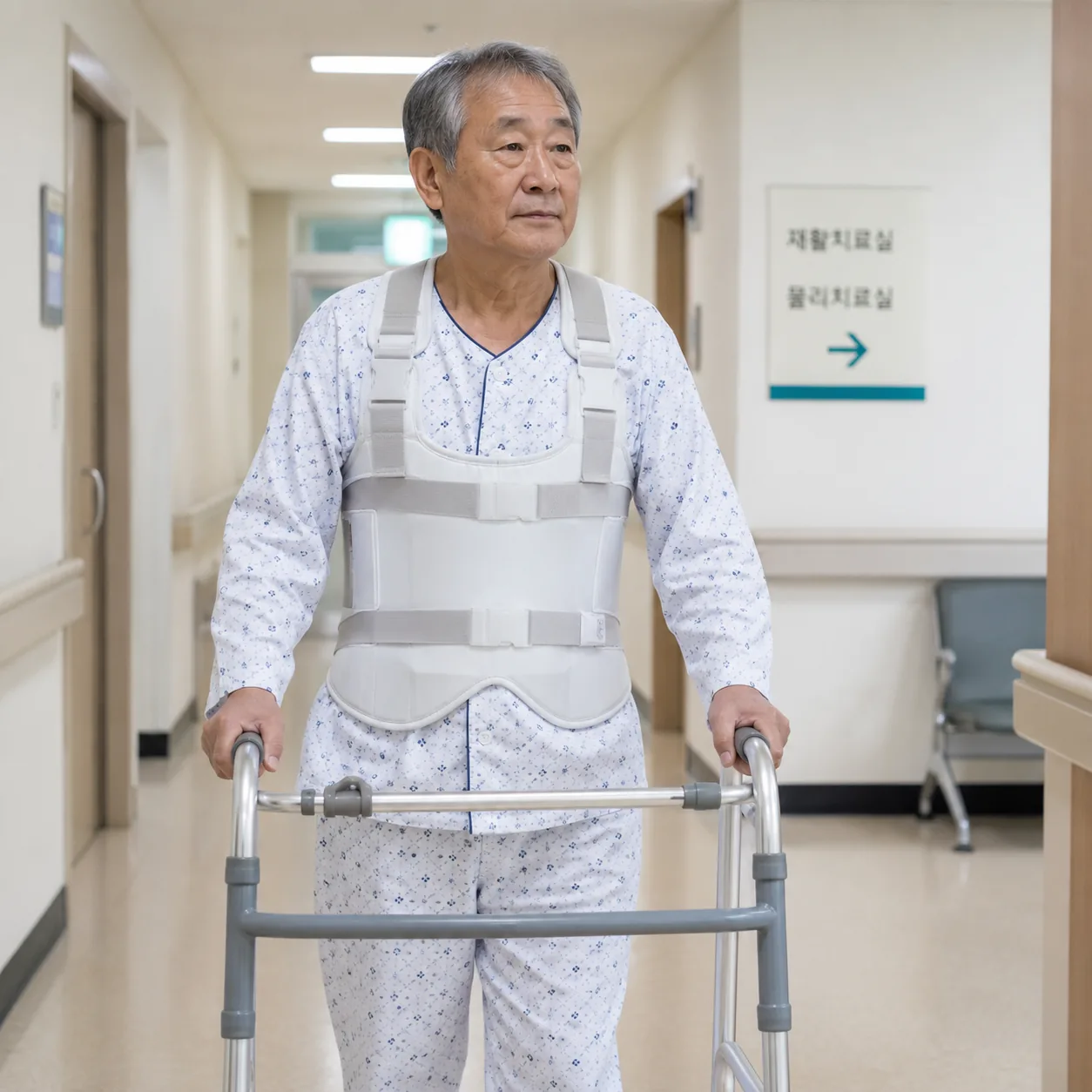 압박골절 보조기 TLSO를 착용하고 걷기 재활 중인 환자