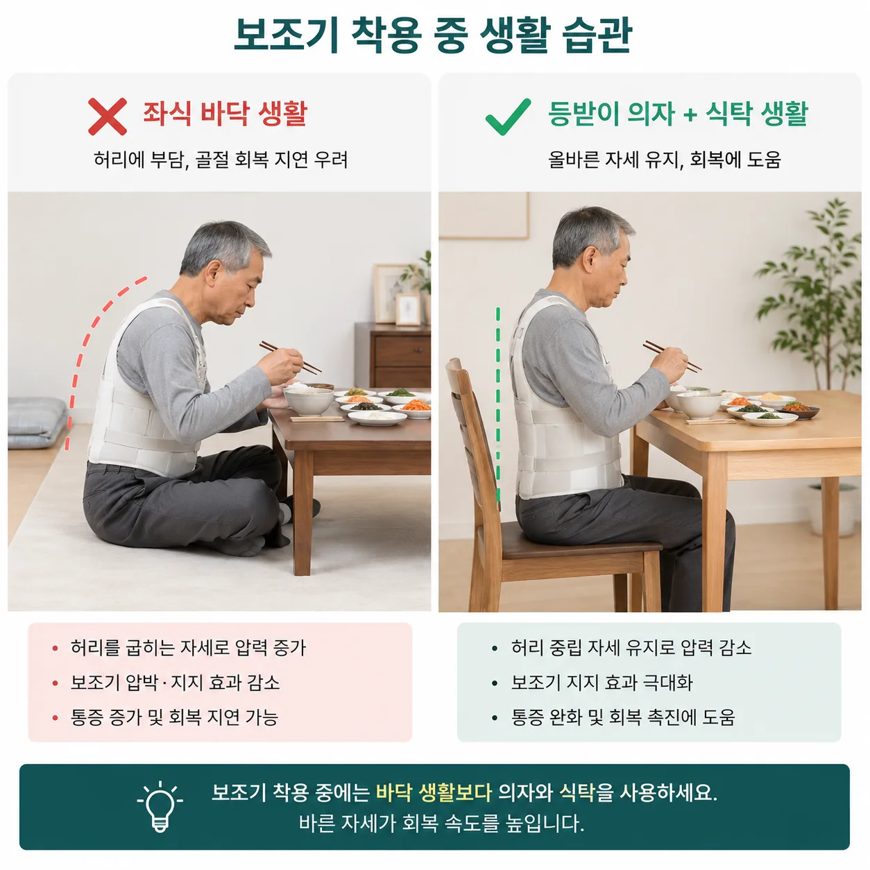 압박골절 보조기 착용 중 좌식생활 대신 의자 생활로 바꾼 예시