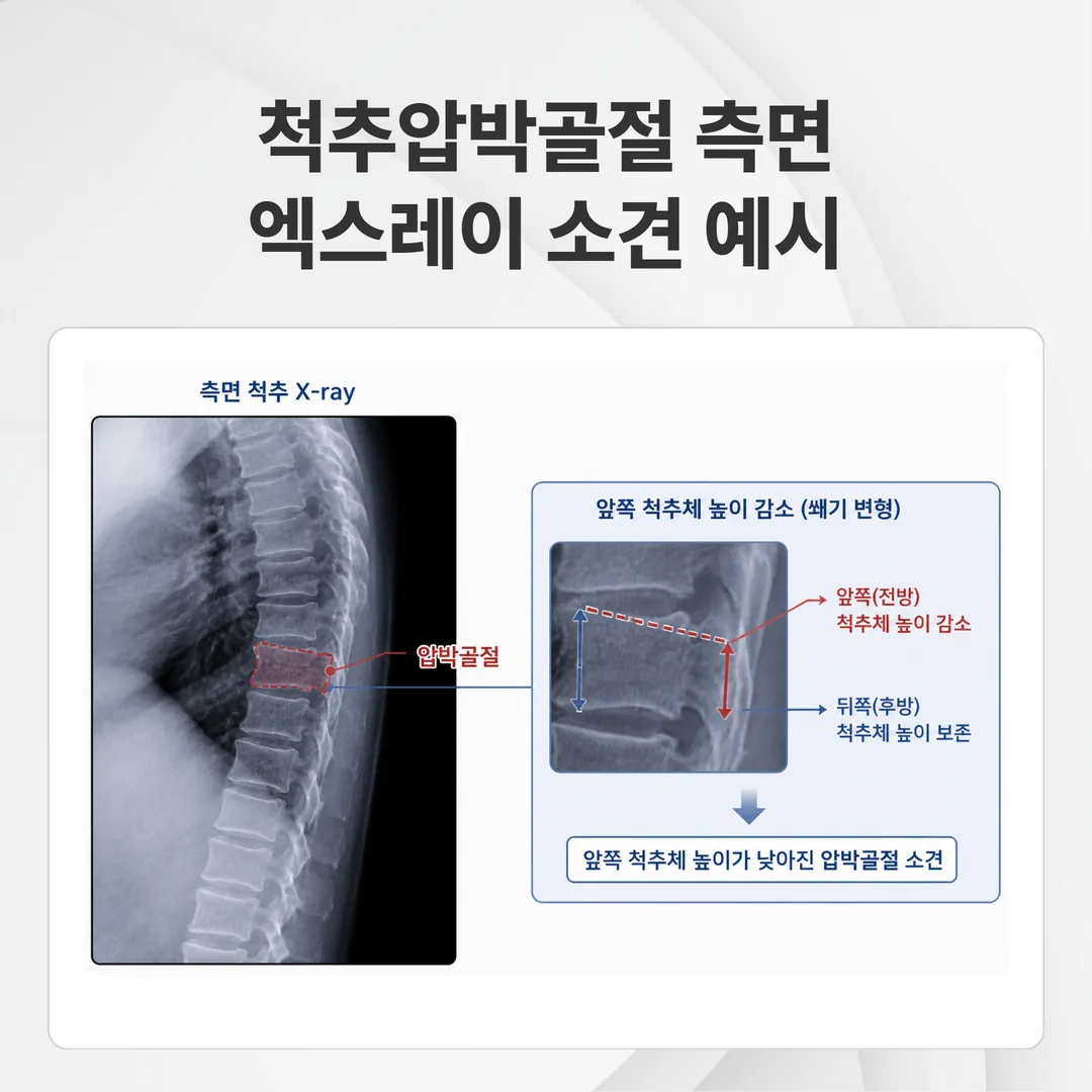 척추압박골절 측면 엑스레이 소견 예시