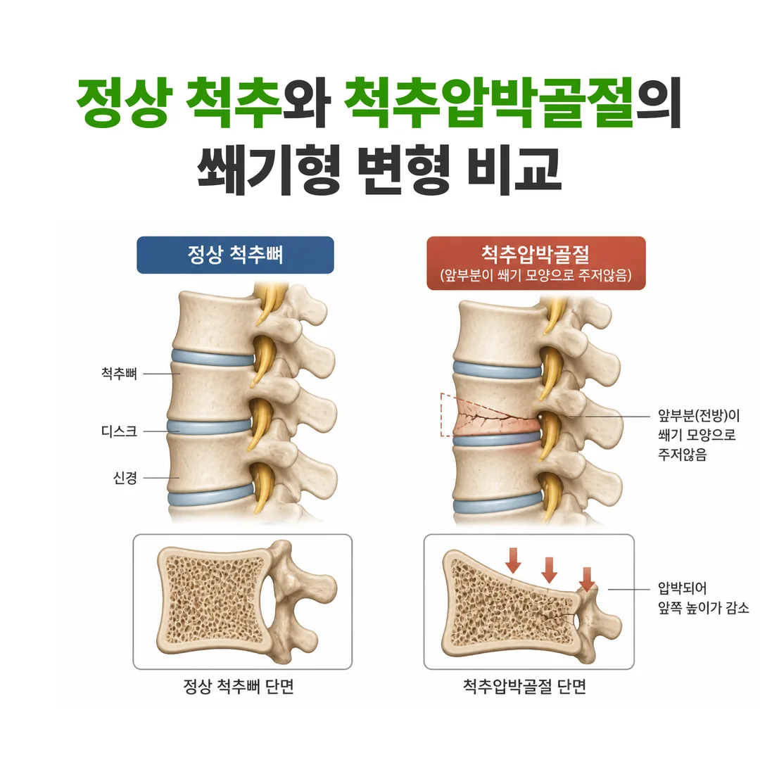 정상 척추와 압박골절 척추뼈를 비교한 측면 그림