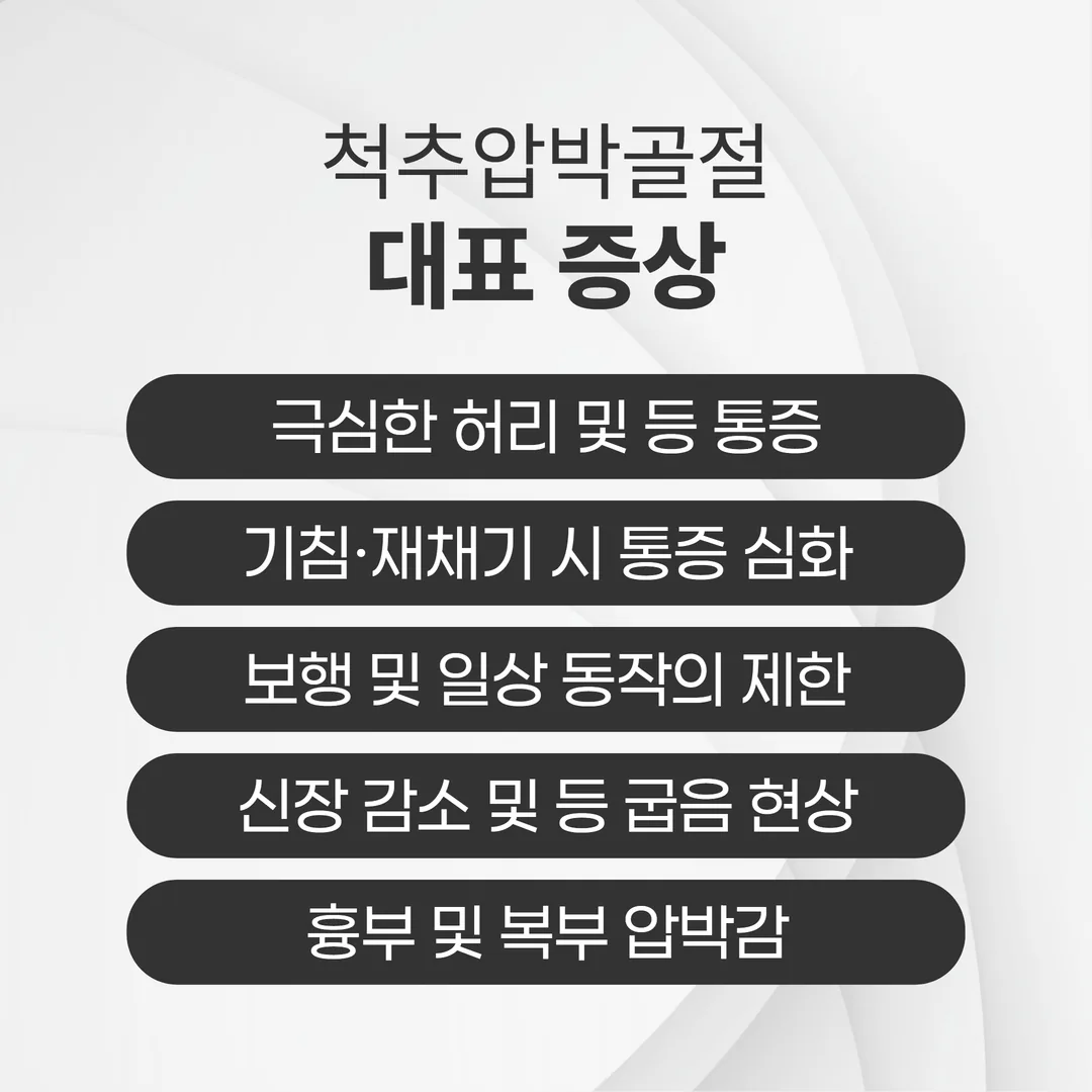 자세 변경 통증·기침 통증·압통·후만증·신경증상 등 압박골절 대표 증상 인포그래픽