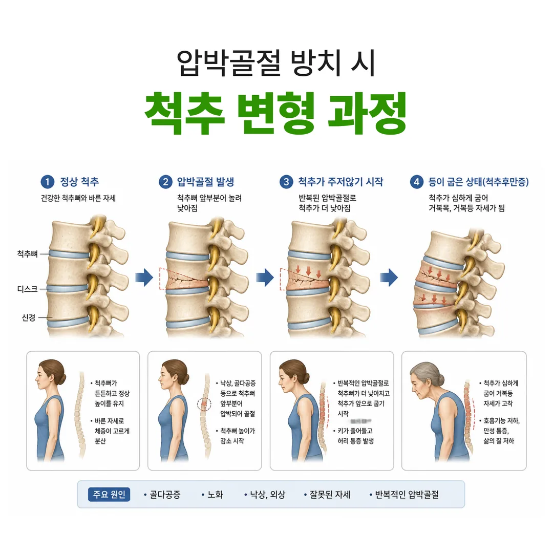 압박골절 방치 시 척추 변형이 진행되는 과정을 보여주는 그림