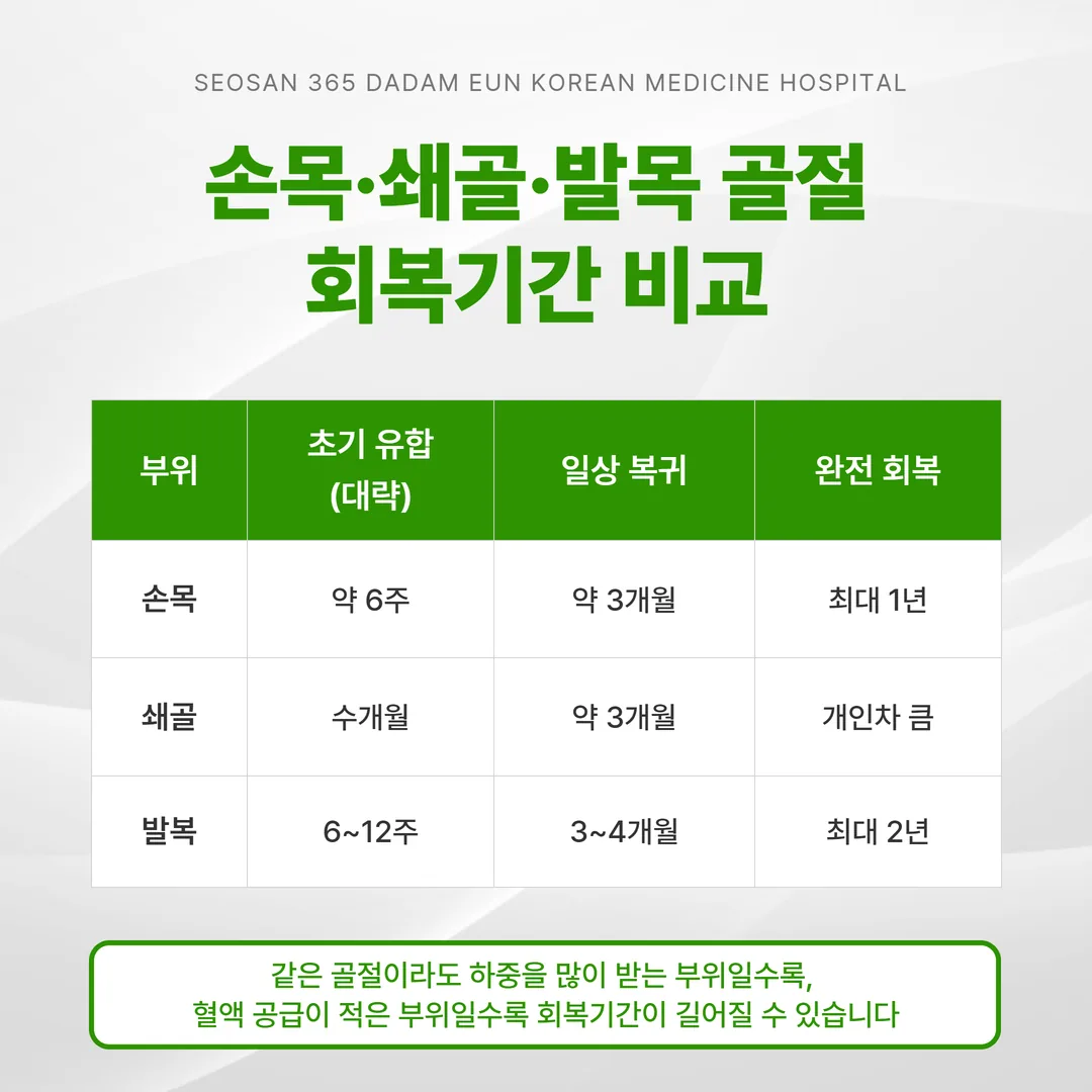 부위별 골절 회복기간 대략 기준 비교