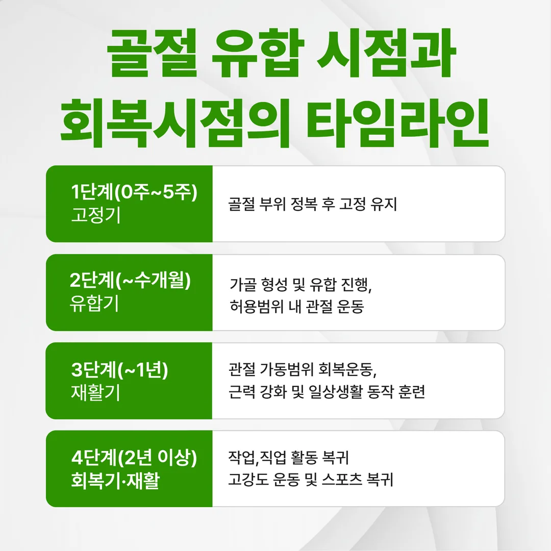 골절 유합 시점과 기능 회복 시점의 시차 타임라인