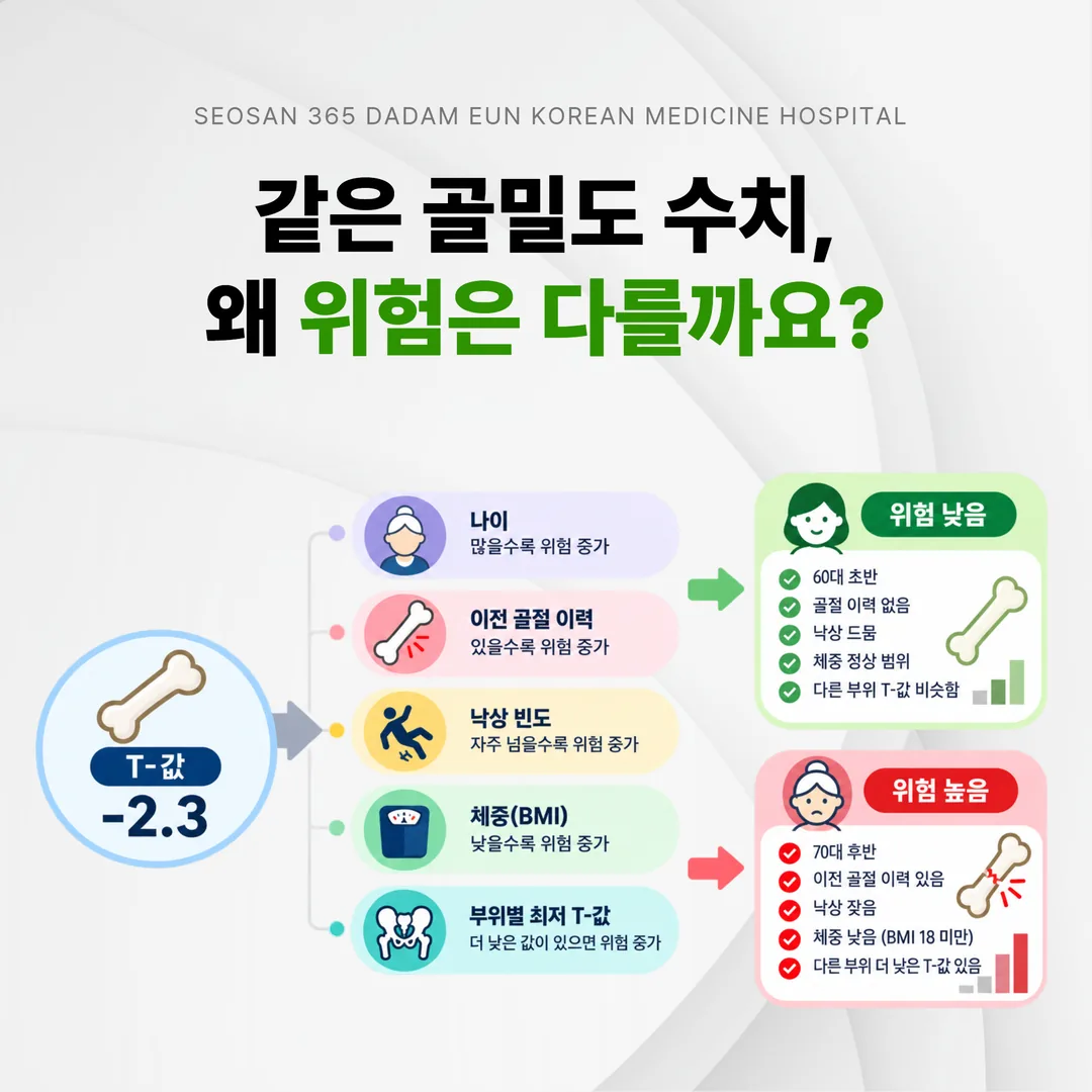 같은 골밀도 수치에서도 나이와 골절 이력, 낙상 위험에 따라 골절 위험이 달라진다는 것을 보여주는 도해