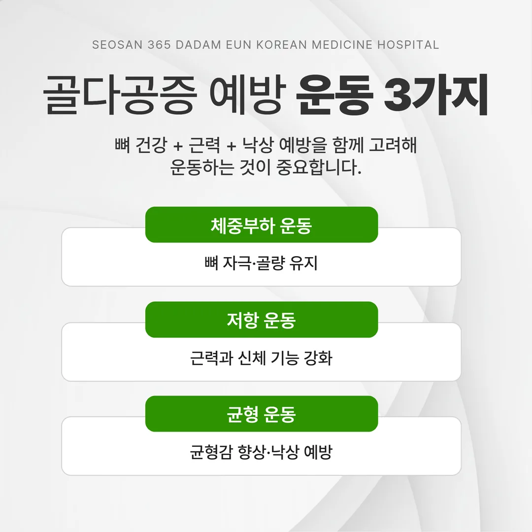골다공증 예방 운동의 세 축인 체중부하·저항·균형 운동의 역할을 구분한 도해