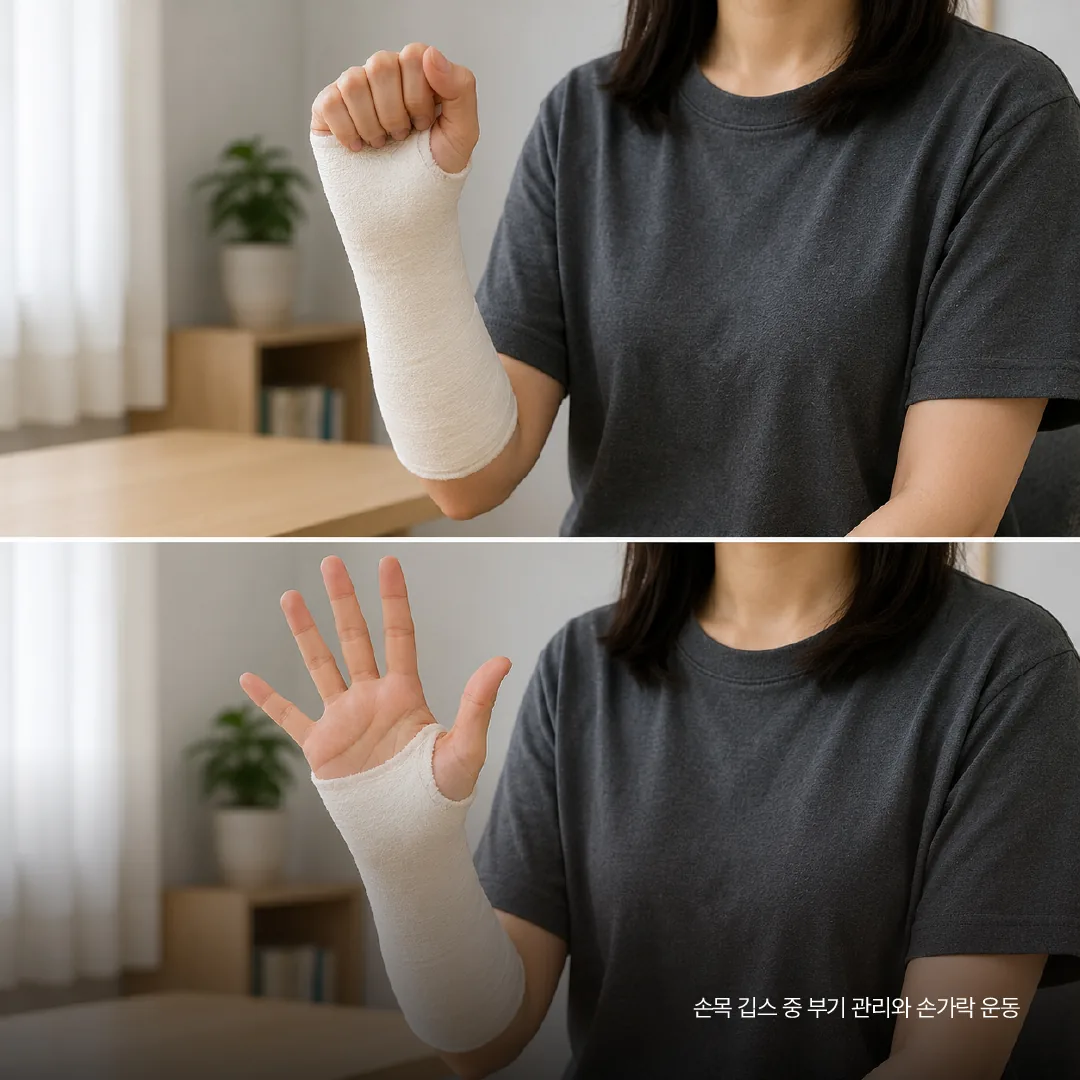 손목 깁스 중 부기 관리와 손가락 운동