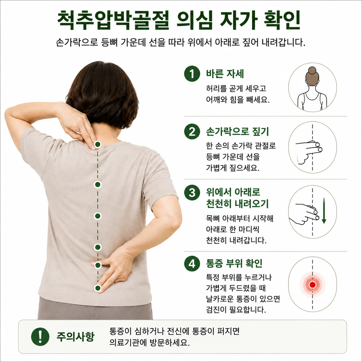척추압박골절 의심 지점을 찾는 등뼈 두드림 자가 확인 방법