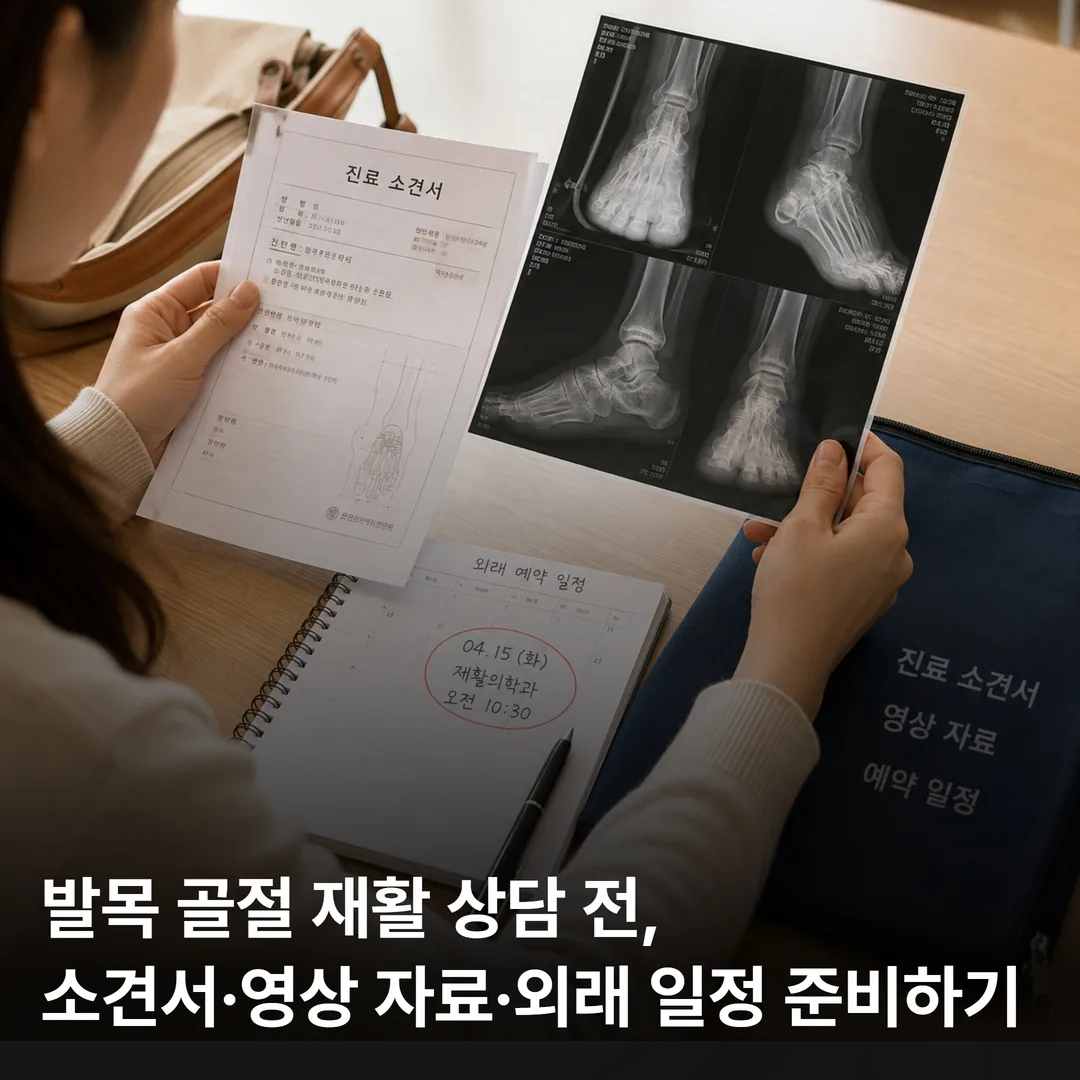 발목 골절 재활 상담 전 소견서와 영상 자료를 준비하는 모습