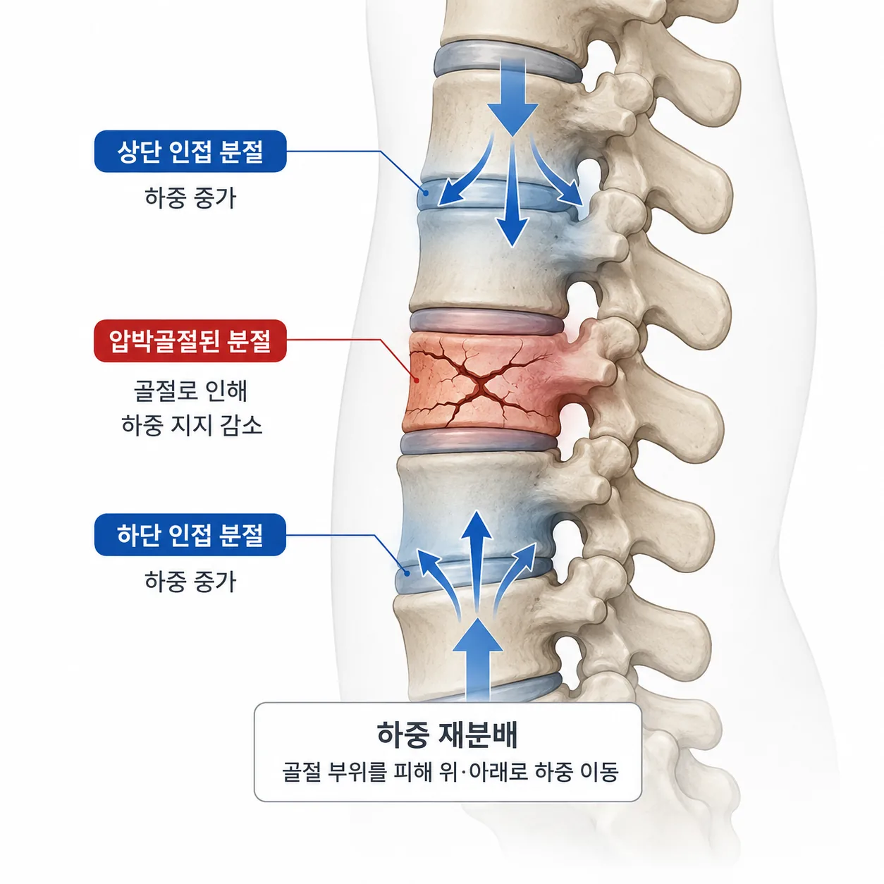 압박골절 후 인접 분절로 하중이 재분배되는 척추 측면 모식도