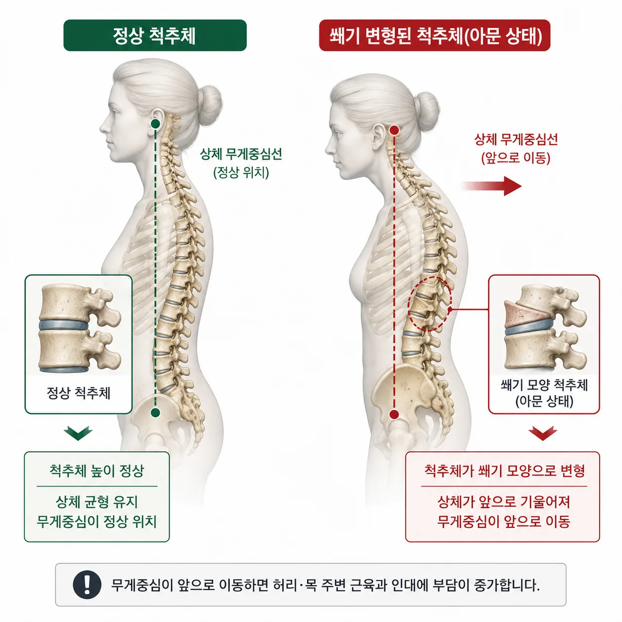 쐐기 변형 후 상체 무게중심이 앞으로 이동하는 것을 보여 주는 비교도