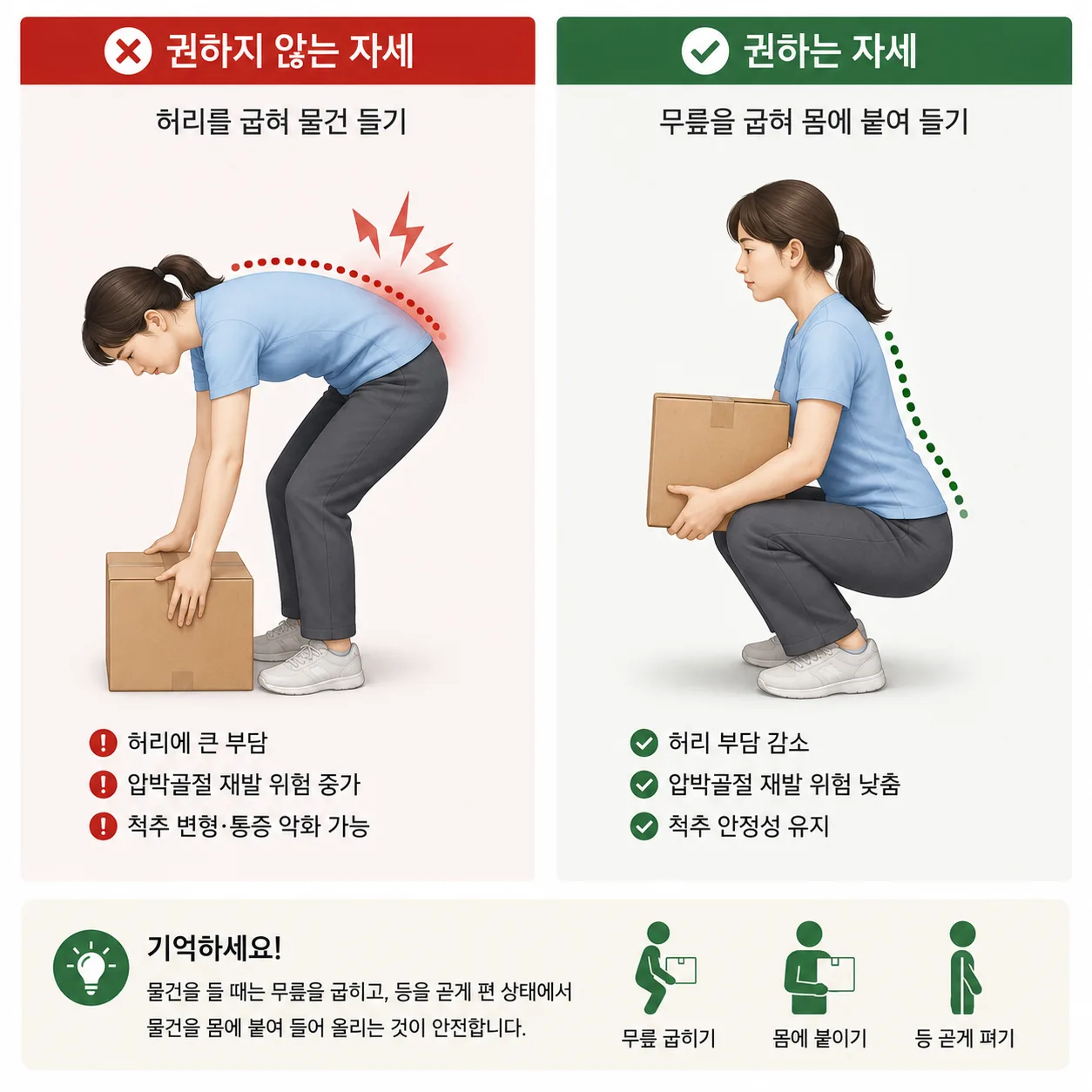 압박골절 이력이 있을 때 권하지 않는 들기 자세와 권하는 들기 자세 비교