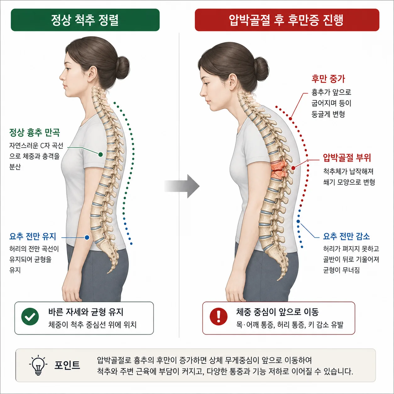 정상 척추 만곡과 압박골절 후 후만증이 진행된 척추 정렬을 옆에서 비교한 도해