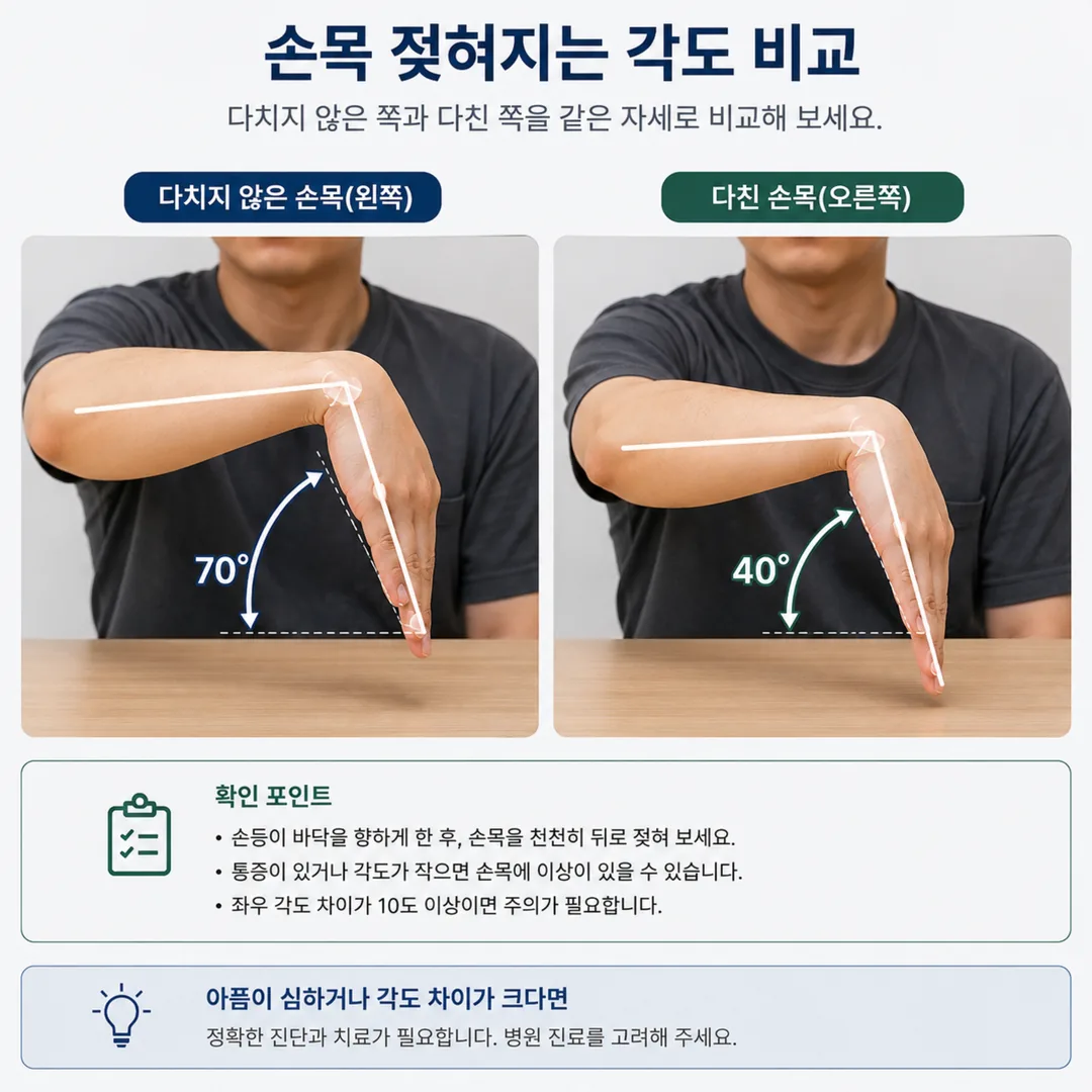 좌우 손목을 같은 자세로 두고 젖혀지는 각도를 비교하는 자가 확인 장면