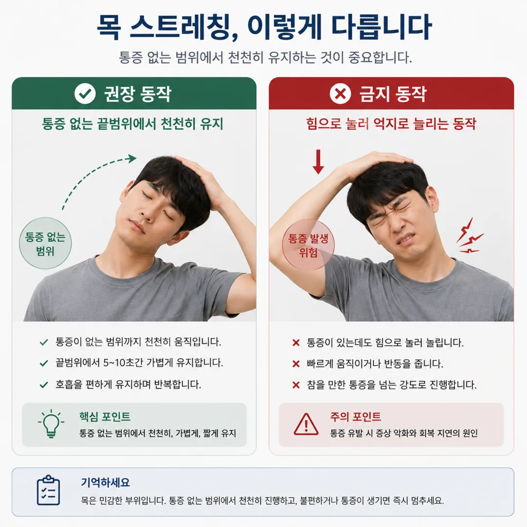 통증 없는 끝범위 유지 동작과 힘으로 눌러 늘리는 금지 동작을 대비한 그림
