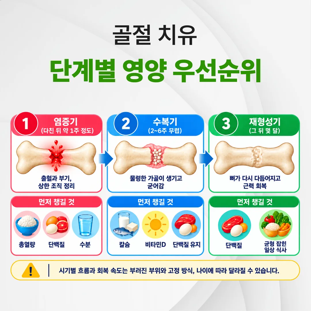 골절 치유 단계별 영양 우선순위 도식