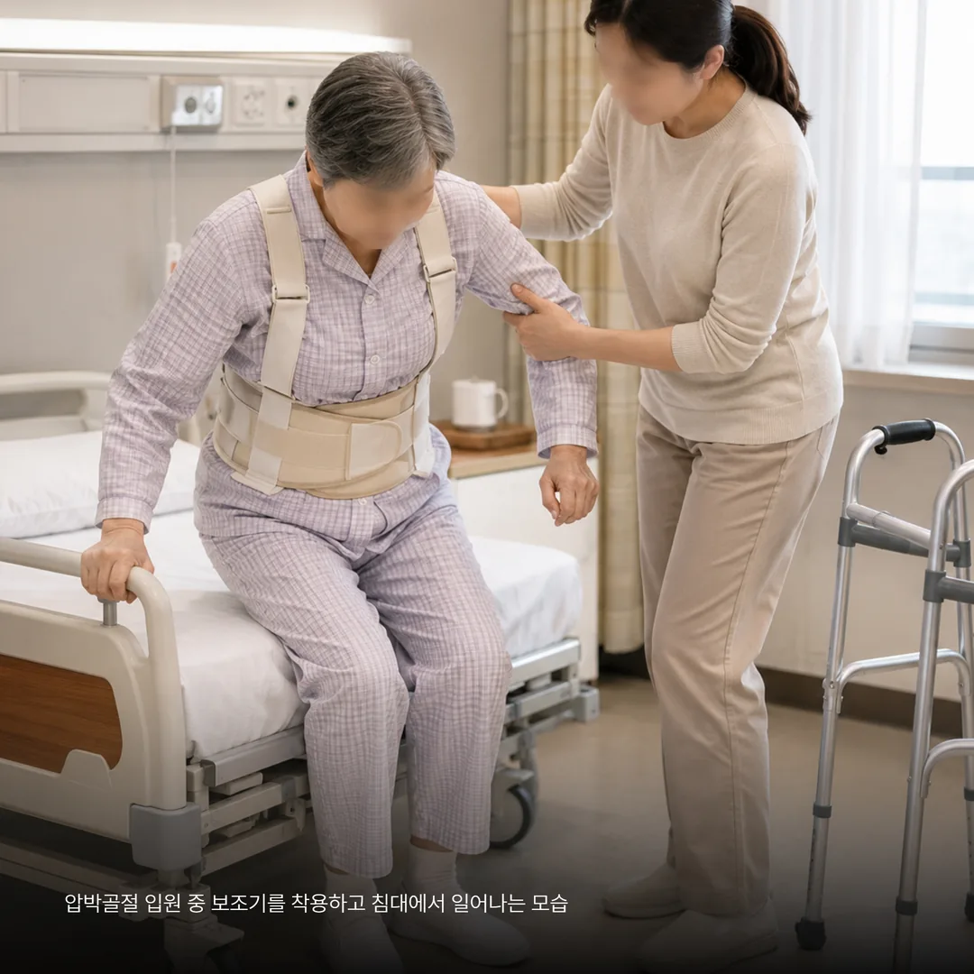 압박골절 입원 중 보조기를 착용하고 침대에서 일어나는 모습