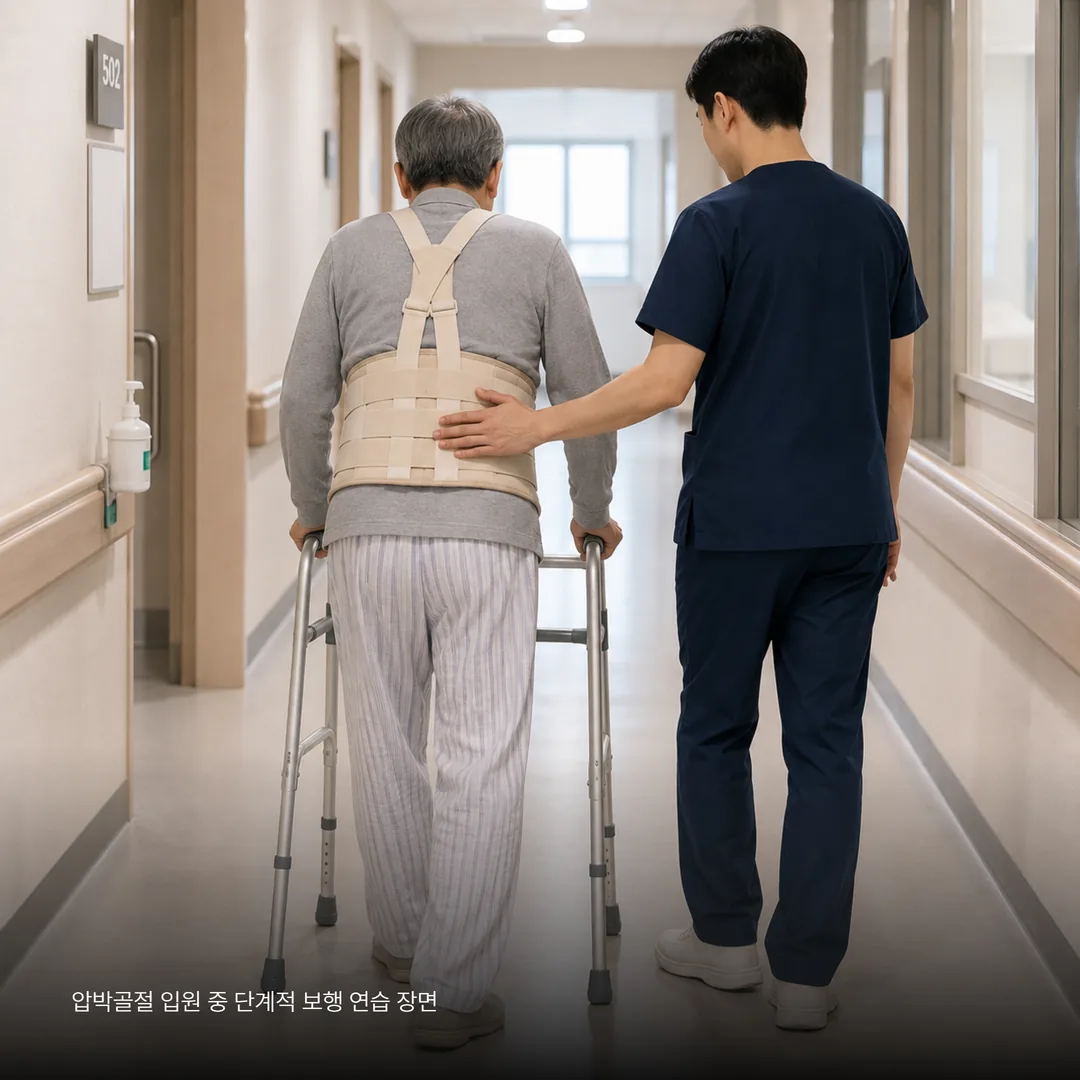 압박골절 입원 중 단계적 보행 연습 장면