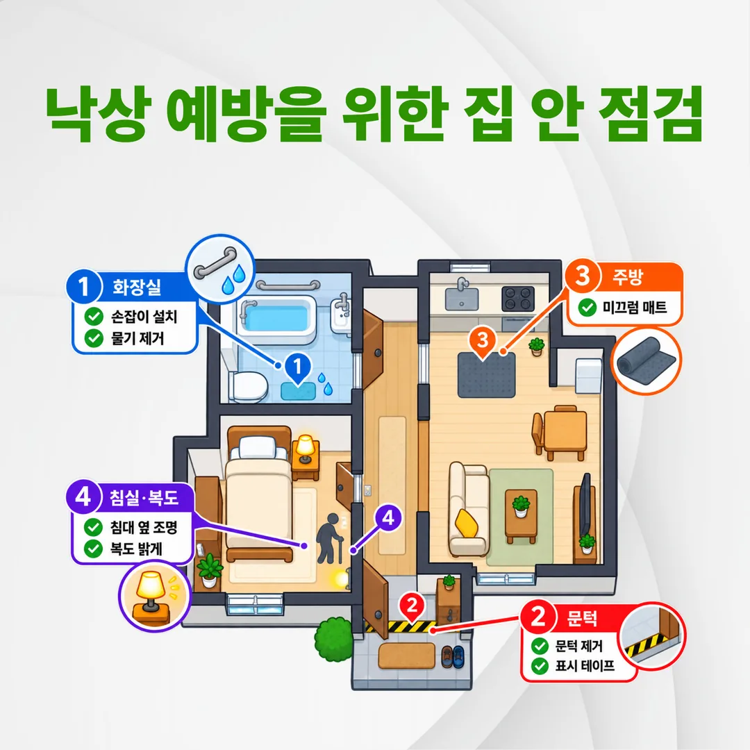 집 안 낙상 위험 지점 네 곳과 개선 항목 점검 도해