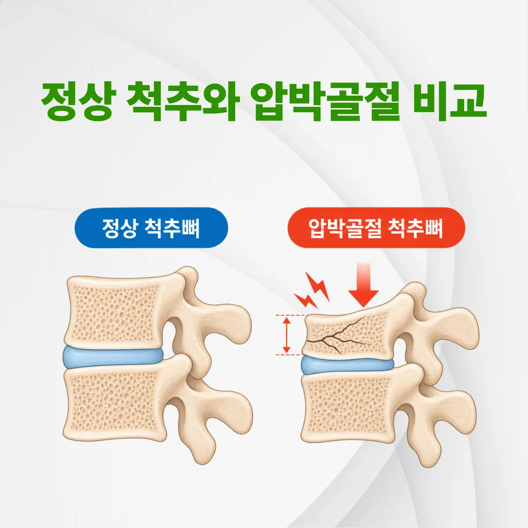 정상 척추뼈와 압박골절로 눌러앉은 척추뼈 비교 도해