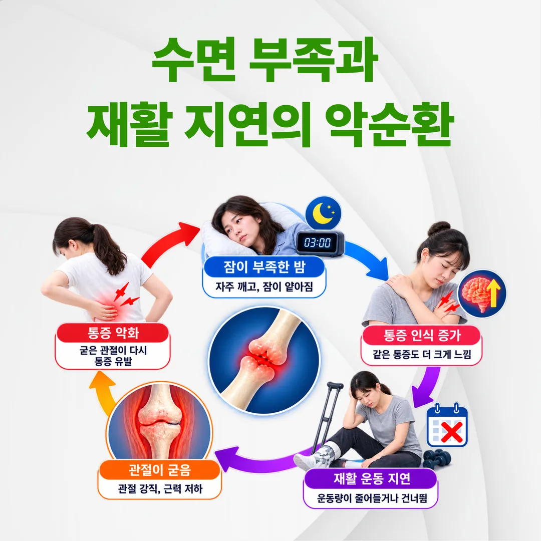 수면 부족과 재활 지연이 서로를 키우는 회복기 악순환 도식