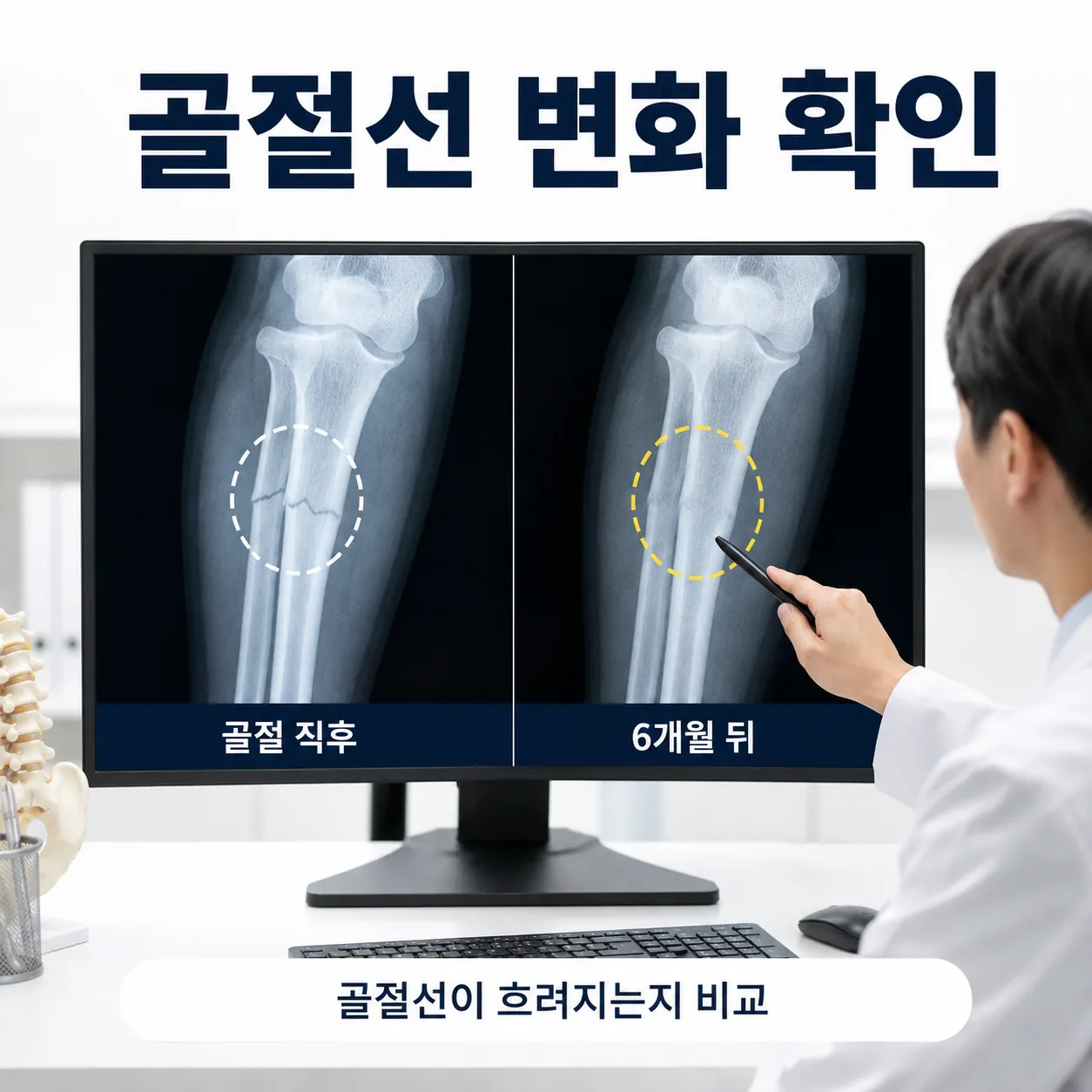 골절 직후와 6개월 뒤 엑스레이를 나란히 비교해 골절선 변화를 확인하는 장면