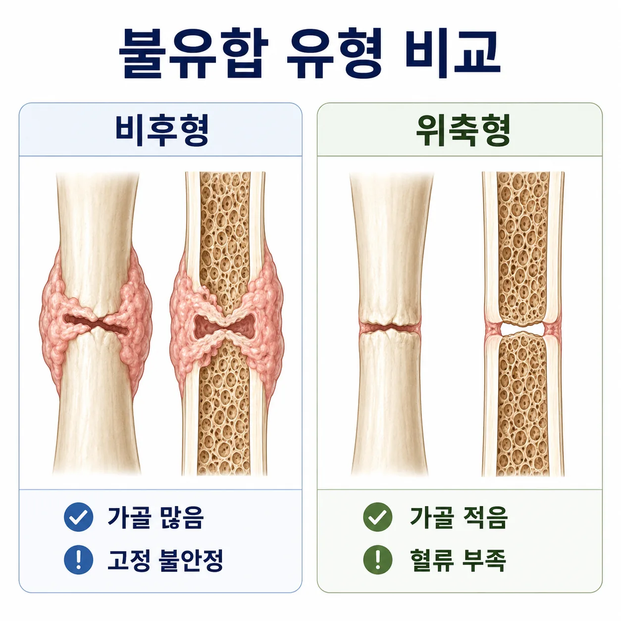 비후형 불유합과 위축형 불유합의 가골 차이를 비교한 도해