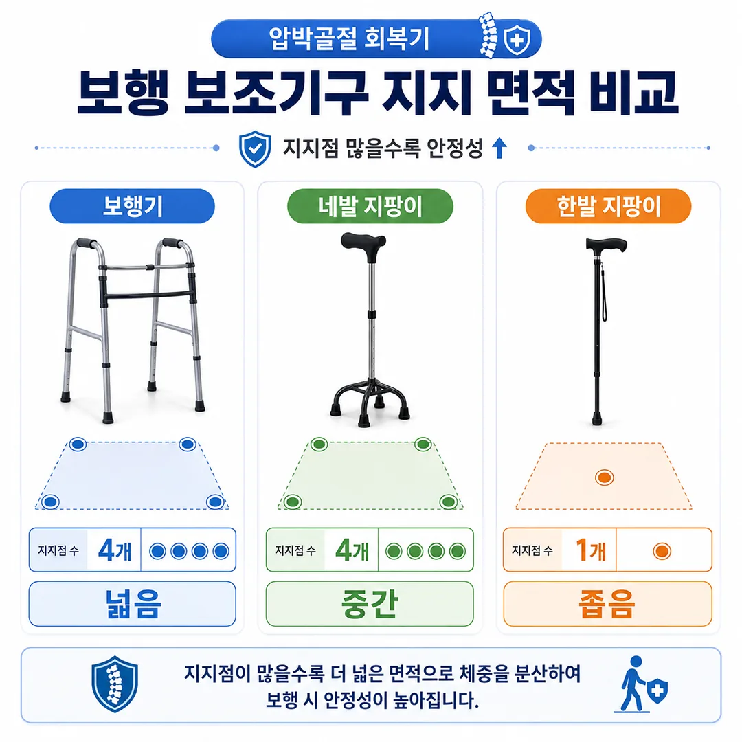 압박골절 회복기 보행기 네발 지팡이 한발 지팡이 지지 면적 비교