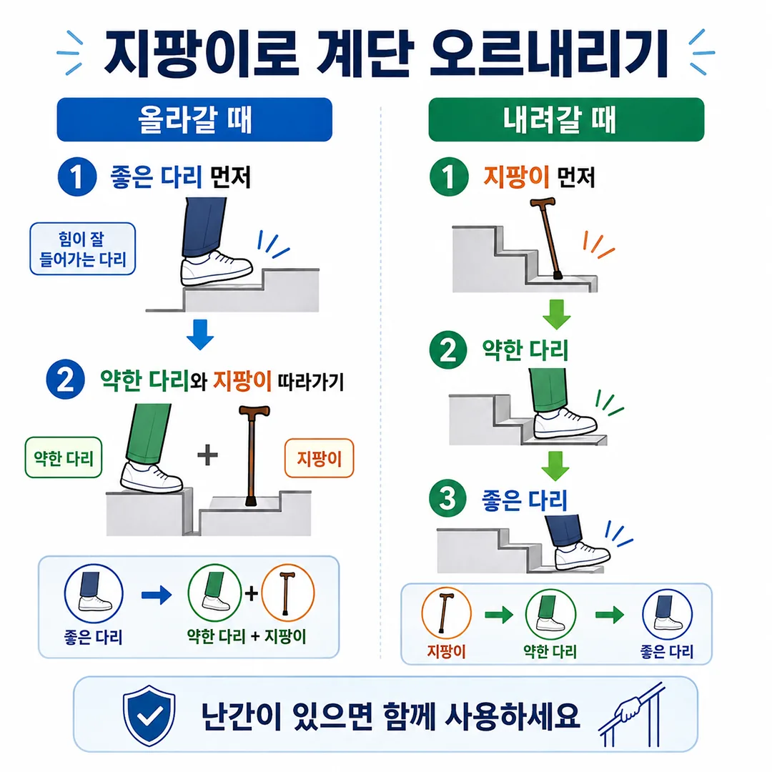 지팡이로 계단 오르내릴 때 딛는 순서