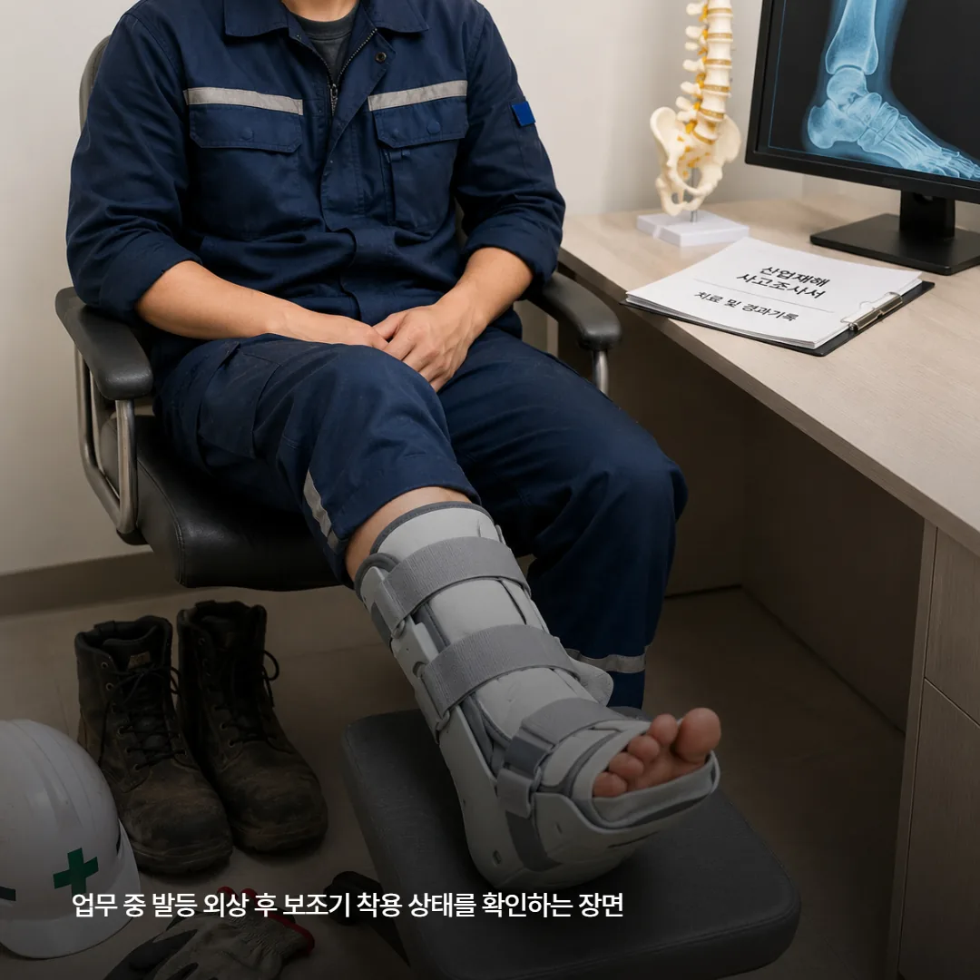 업무 중 발목 골절 후 보조기를 착용하고 회복기 재활 상담을 받는 모습