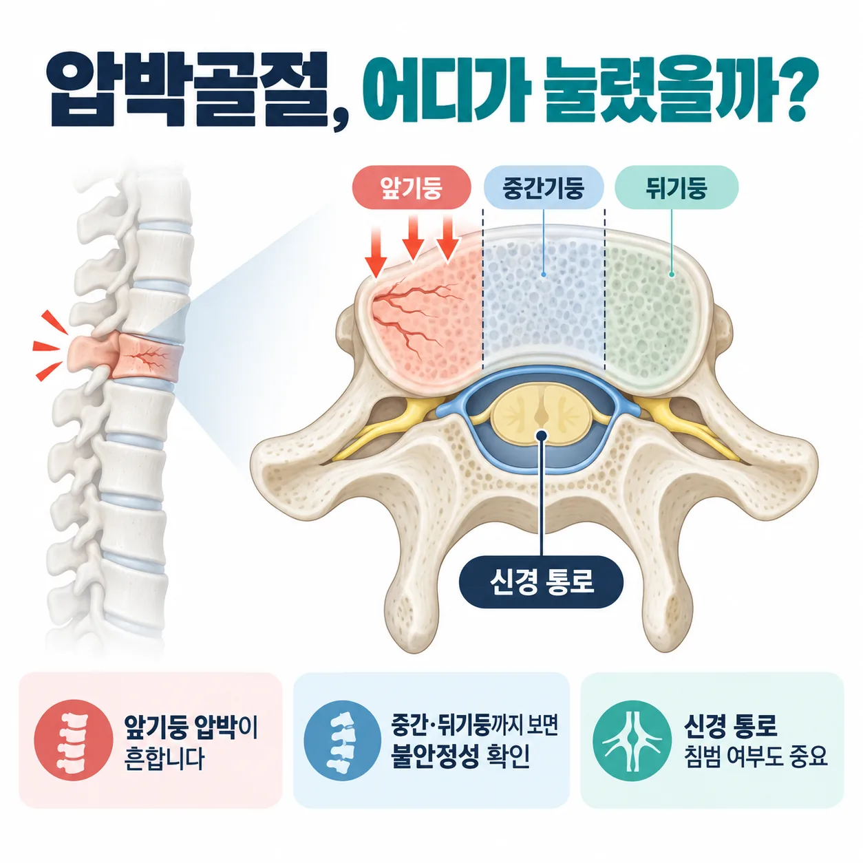 척추뼈 앞기둥 중간기둥 뒤기둥 구조와 신경 통로를 표시한 개념도