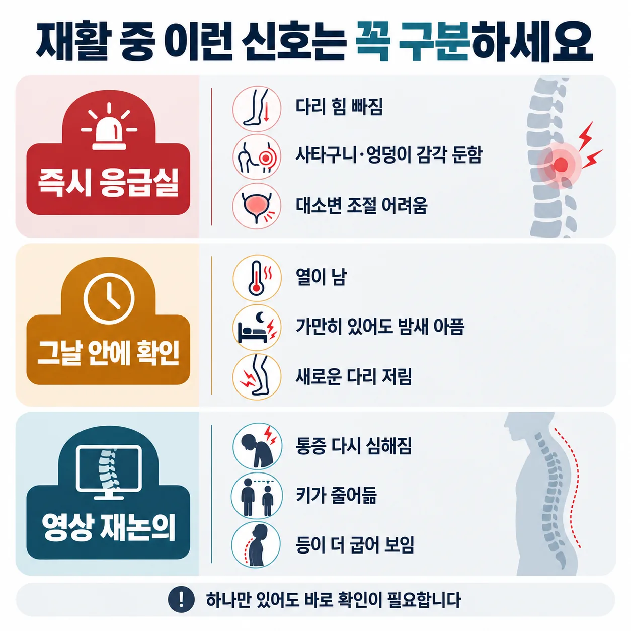 압박골절 회복기 신호 3단계 구분표 — 즉시 응급, 당일 확인, 재검사