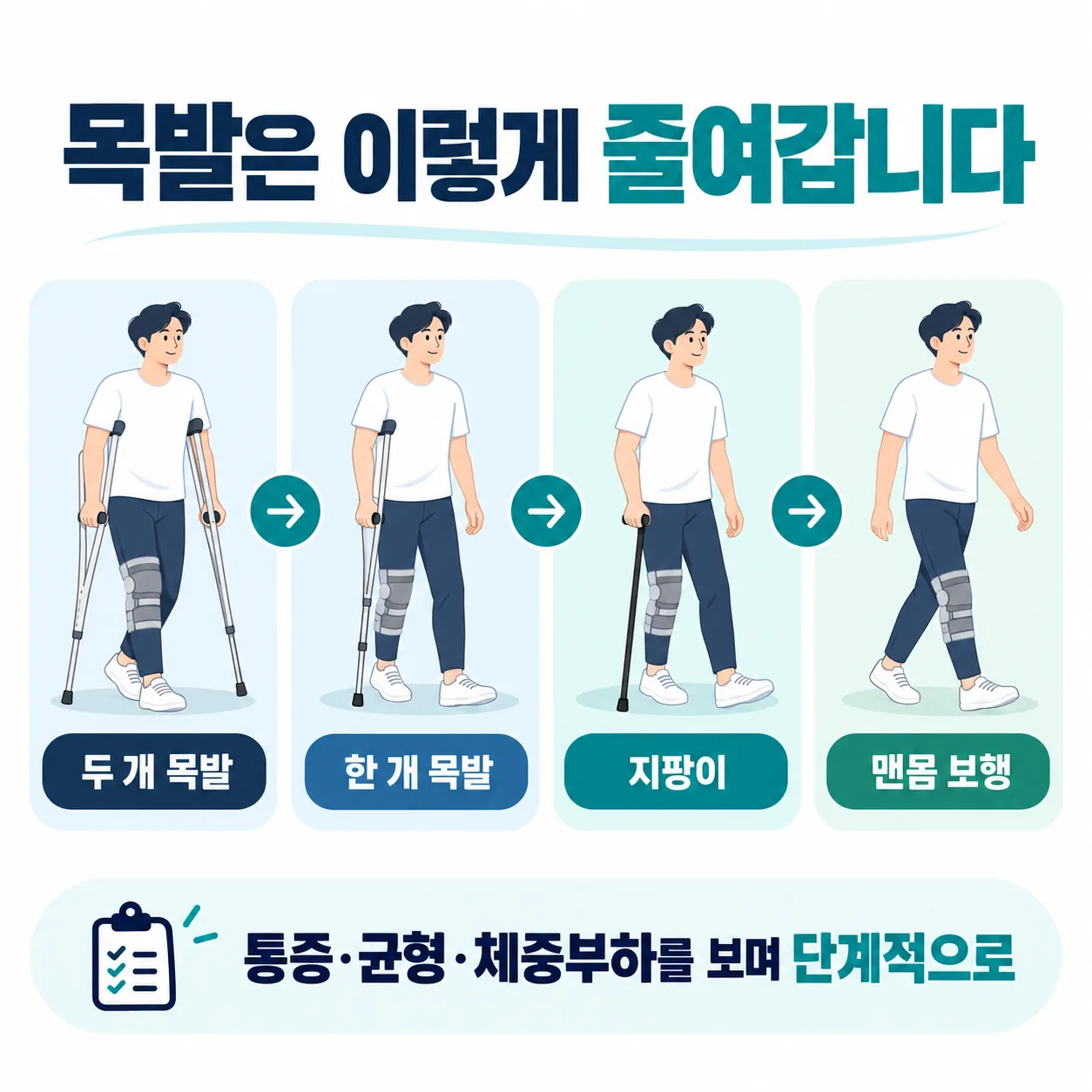 목발 두 개에서 하나로 줄여 가는 보행 보조 단계 흐름