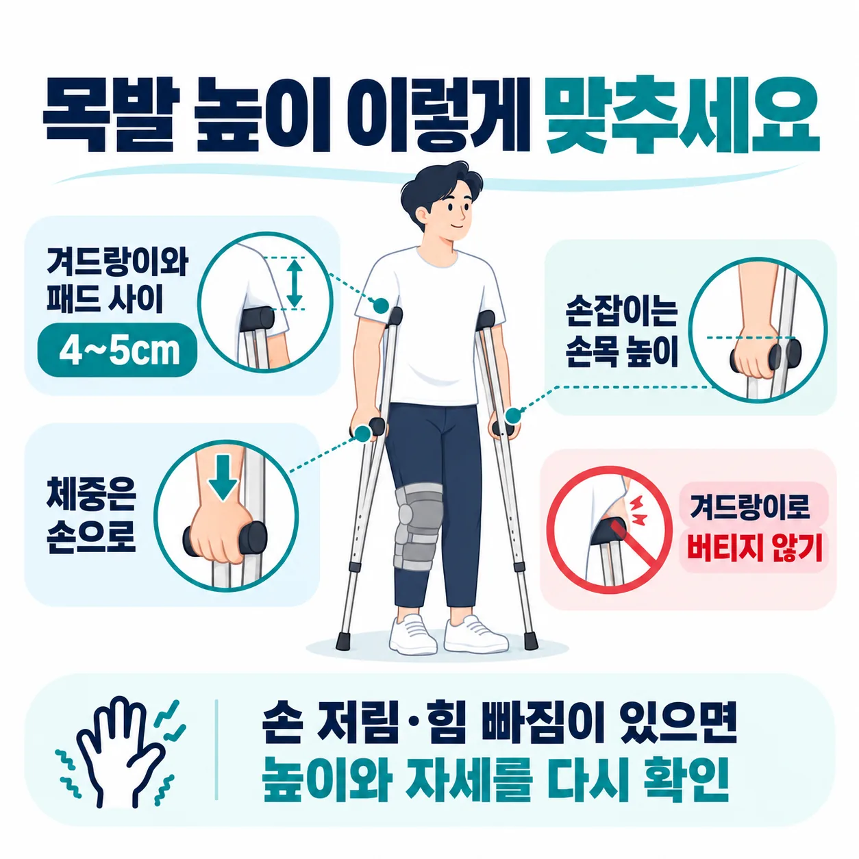 겨드랑이 여유와 손잡이 체중 지지를 보여 주는 올바른 목발 높이 그림