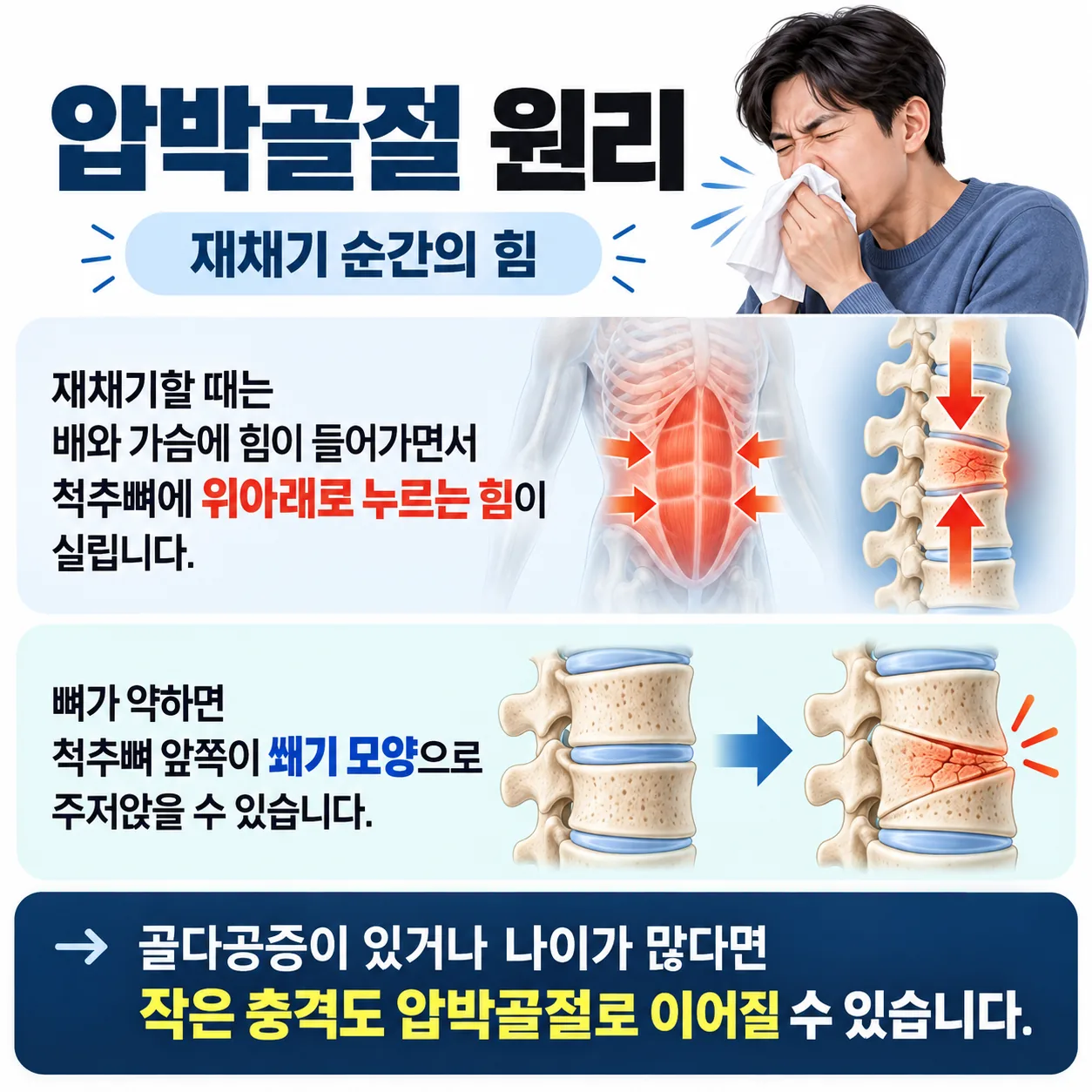 재채기 순간 척추뼈 앞쪽에 실리는 힘과 쐐기 모양으로 눌린 압박골절 개념도