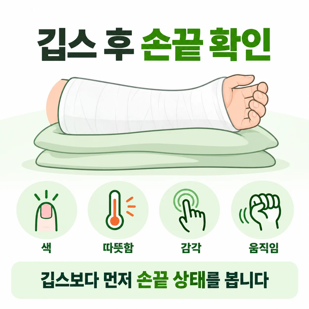깁스 관리에서 손끝의 색과 따뜻함, 감각과 움직임을 확인하는 대표 개념도