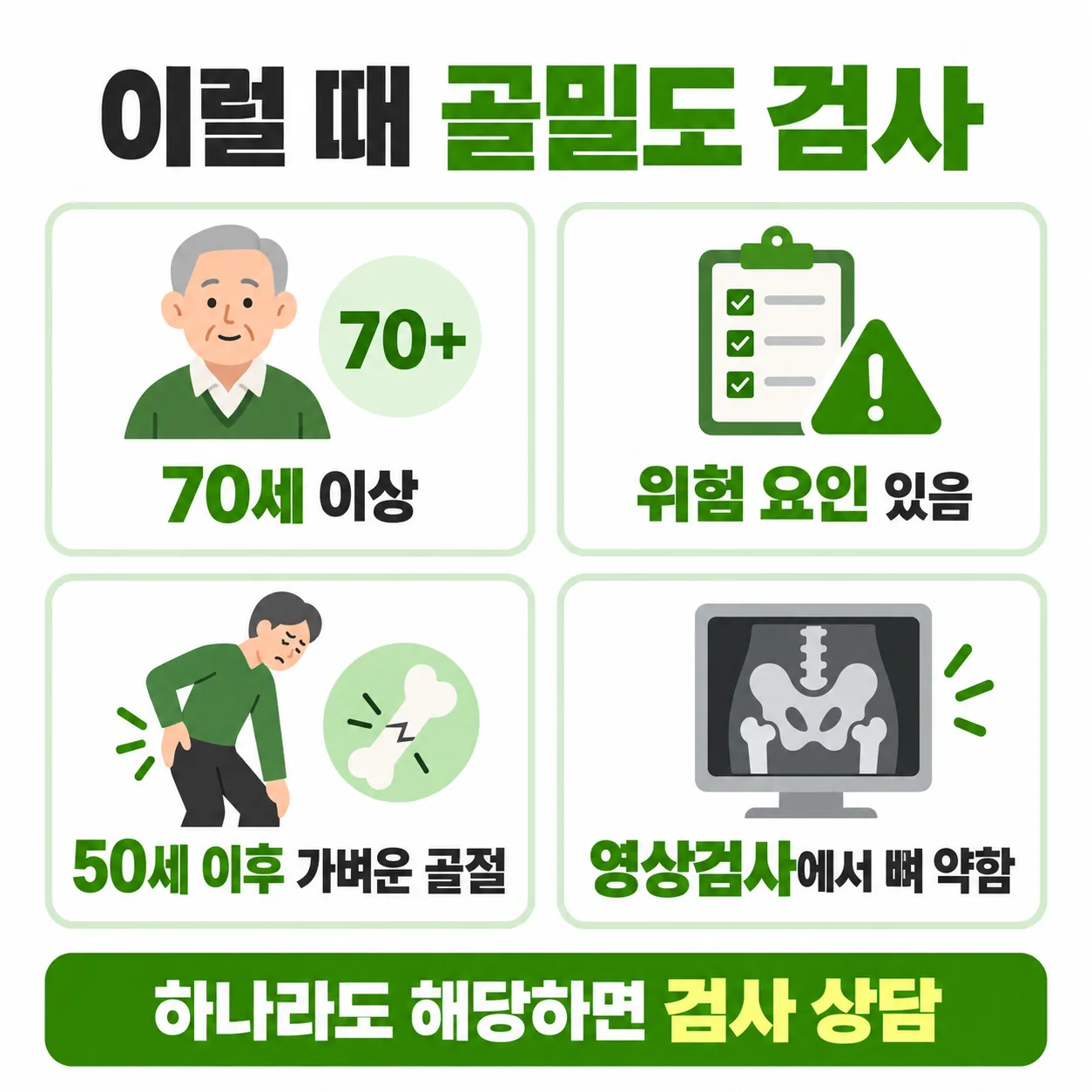 남성이 골밀도 검사를 받아 볼 네 가지 경우를 정리한 체크 카드