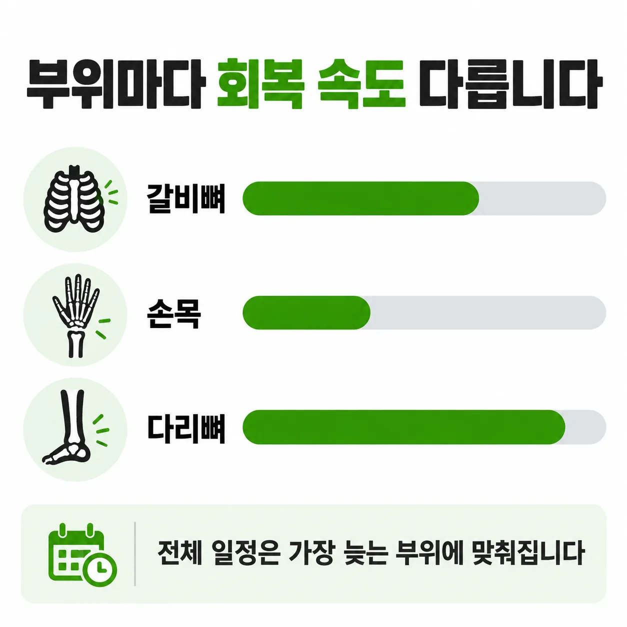 다발성 골절에서 부위마다 다른 뼈 회복 속도를 나란히 비교한 개념도