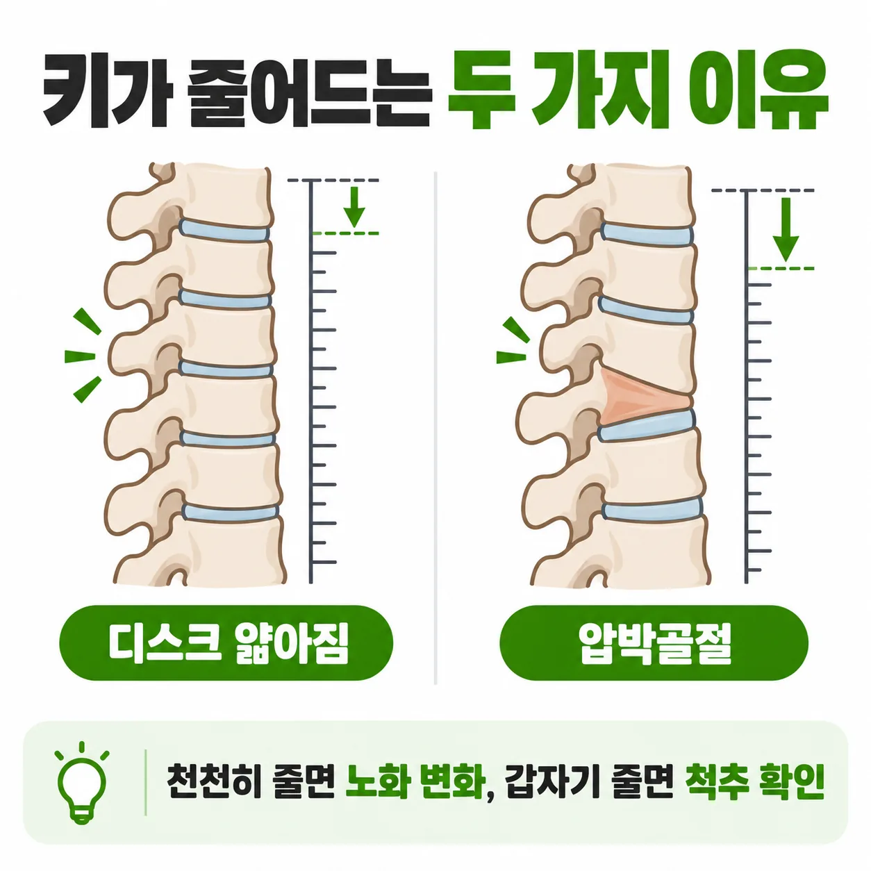 얇아진 디스크와 눌려 낮아진 척추뼈로 키가 줄어드는 두 가지 이유를 나란히 보여 주는 개념도