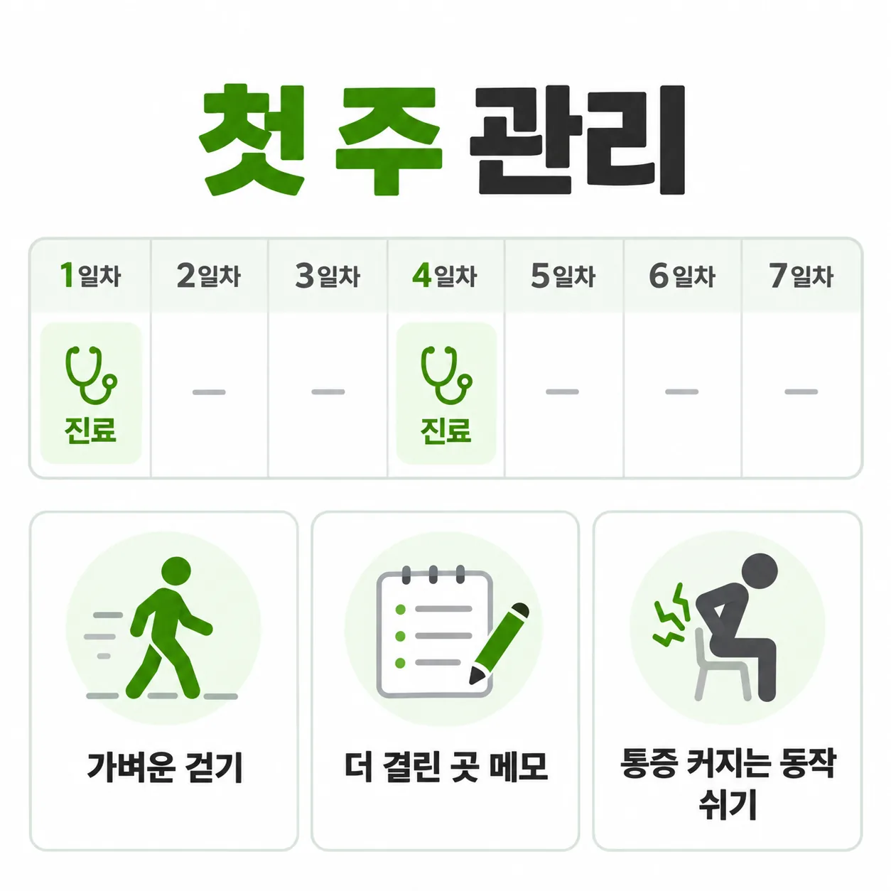 교통사고 첫 주 진료일과 집에서 할 일 안내도