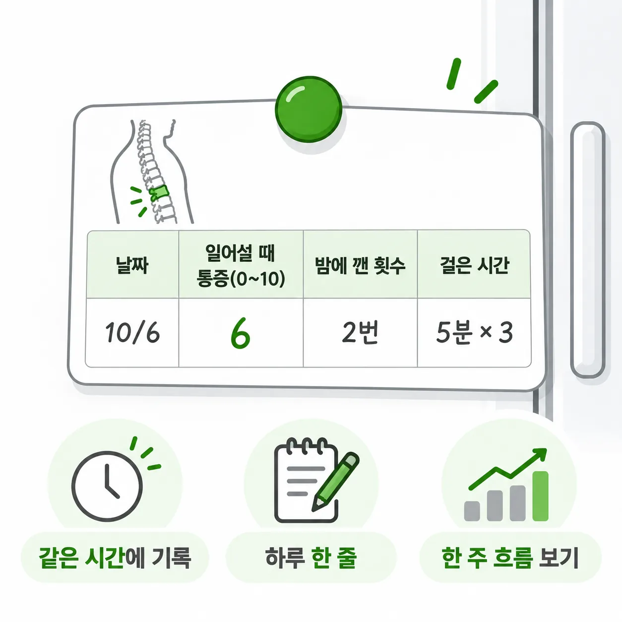 압박골절 통증 일지 한 줄 예시 메모 카드