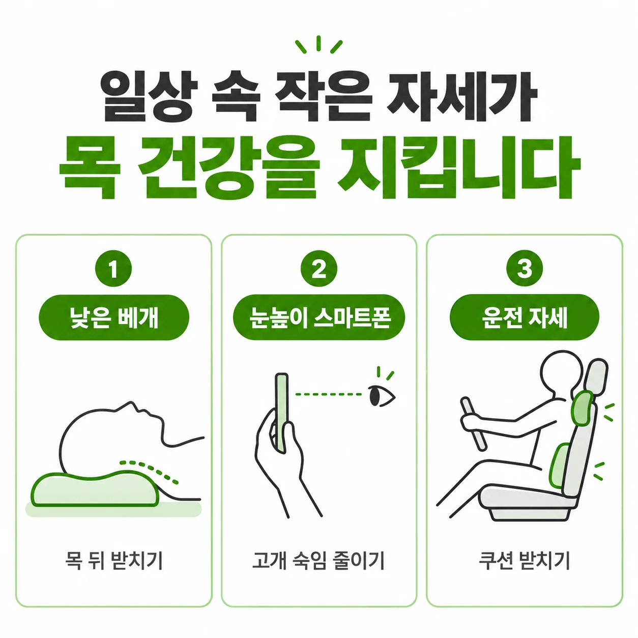 교통사고 뒤 목이 뻐근할 때 베개 높이와 스마트폰, 운전 자세 안내 카드