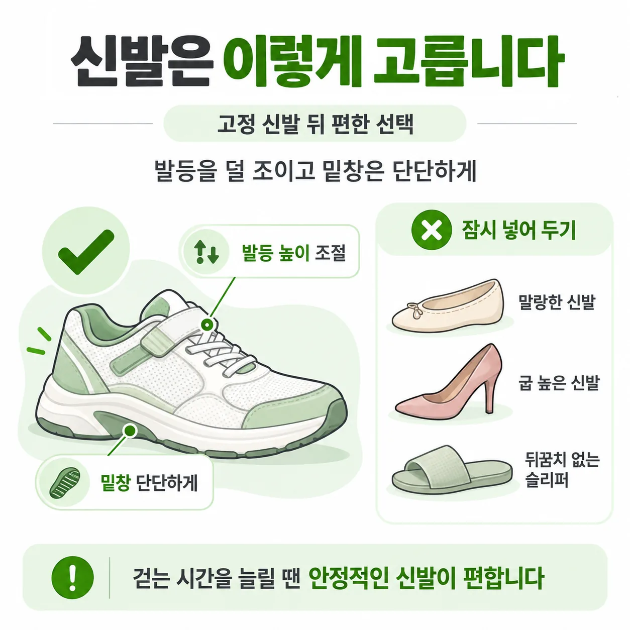 중족골 골절 회복기에 고르는 끈 조절형 단단한 밑창 신발과 잠시 넣어 두는 신발 그림
