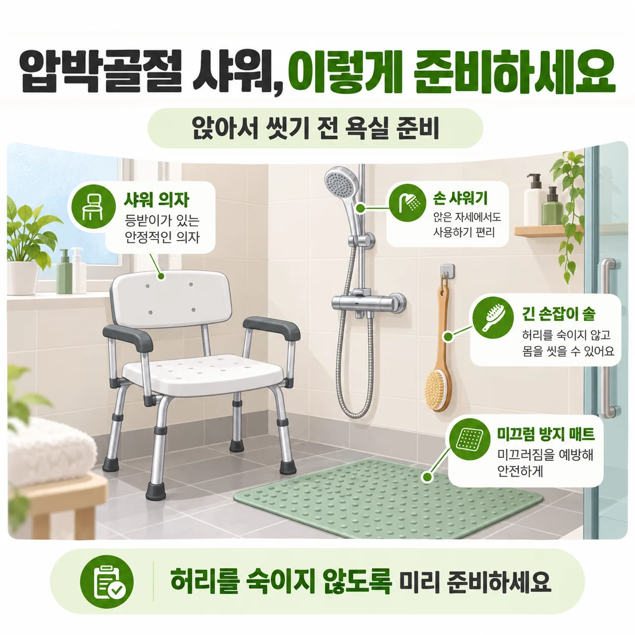 압박골절 회복 중 앉아서 씻기 위해 샤워 의자와 긴 손잡이 솔을 준비한 욕실 모습